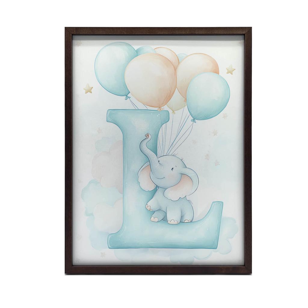 Плакат Буква "I" С Шарами И Слоном Плакат Буква "I" С Шарами И Слоном, 30X40 См, Рама Деревянная Светлый Дуб, Матовая Бумага 230 г/м²