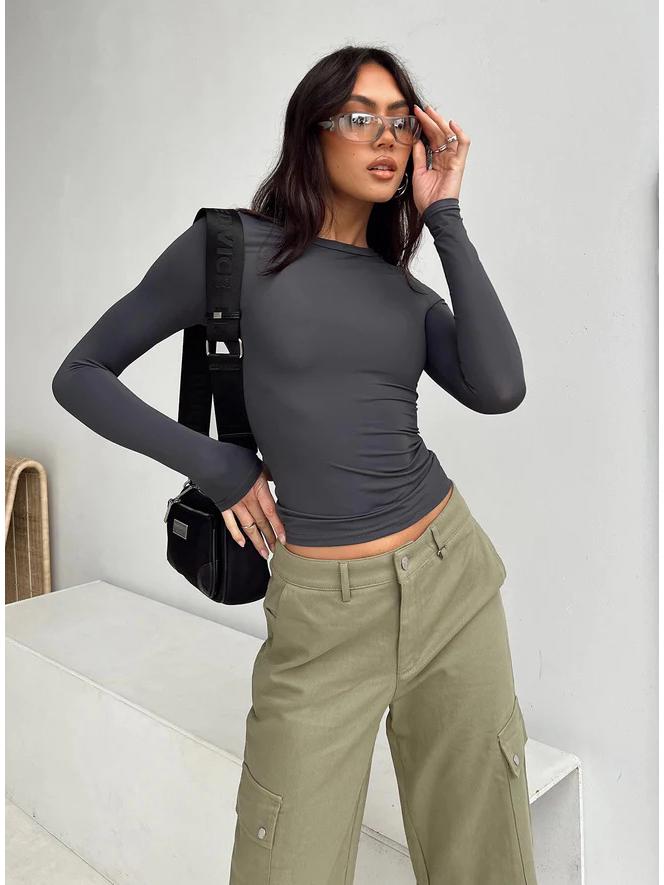 2023 Женская футболка с длинным рукавом, приталенная, нестандартная, однотонная, с круглым вырезом