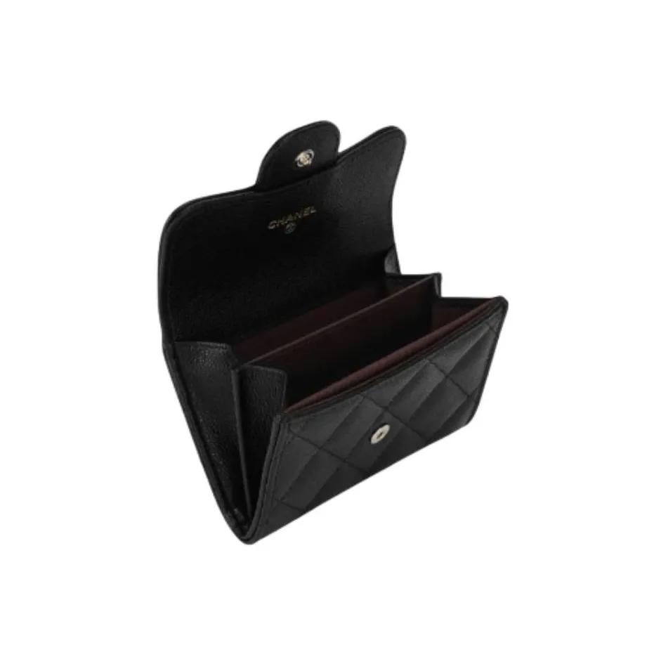 CHANEL Women's Card Holder and Wallet  Black  with Gold Buckle  Classic Diamond Pattern  Short  Double-Layer Flap  Grainy Calfskin