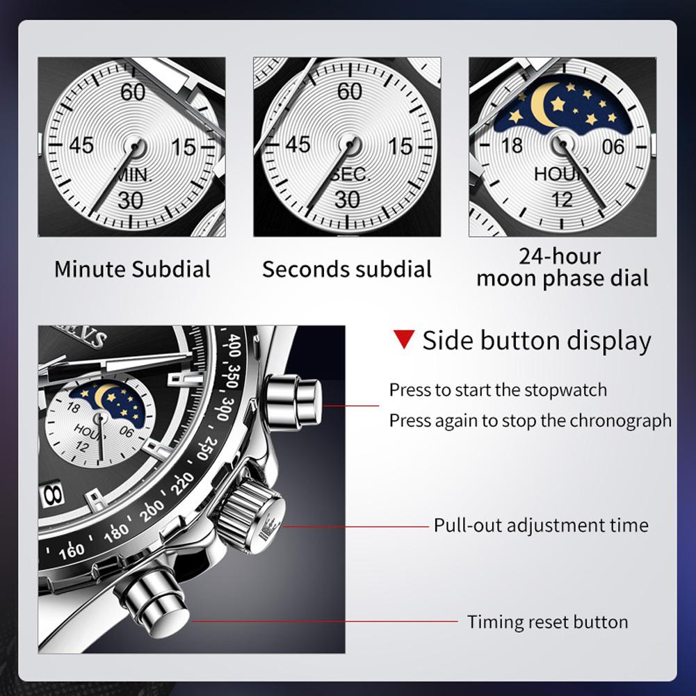 OLEVS Men's Watches Classic Fashion Top Brand Original Quartz Wristwatch for Man Trend Dress Waterproof Luminous Moon Phase Date