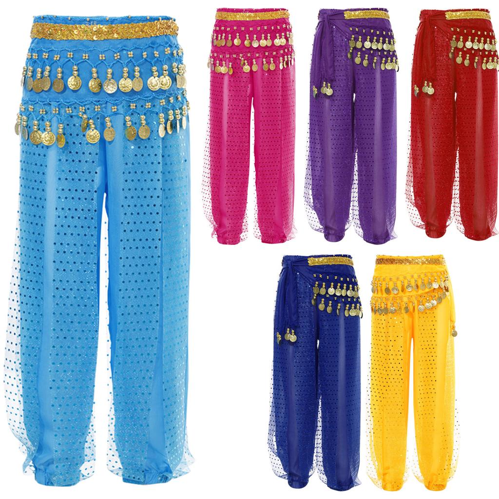Kids Girls Belly Dance Performance Pants Sequined Dots Chiffon Trousers Bloomers with Tassels Waist Chain Hip Scarf