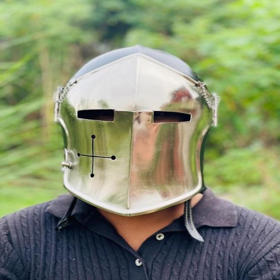 Silver Black Barbuta Helmet 18g Mild Steel Visored Helmet for LARP, Cosplay  Halloween Costume  Warrior Helmet ~ Best Gift