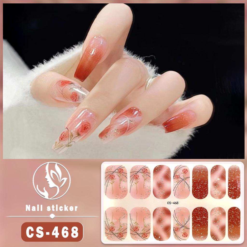 CS Waterproof No-Cure Gel Nail Wraps, Full Cover Japanese & Korean Style Floral Pattern Nail Stickers, Nail Patch Films