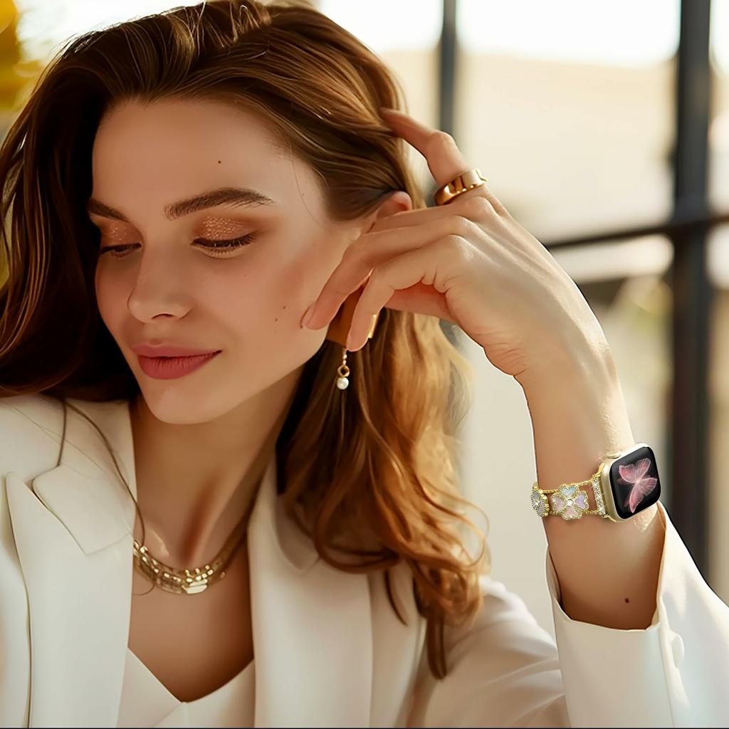 Metal Strap for Apple Watch Series 10 9 8 7 SE 6 5 4 3 2 1 42mm 41mm 40mm 38mm Heart Clover Rhinestone Decor Watch Band