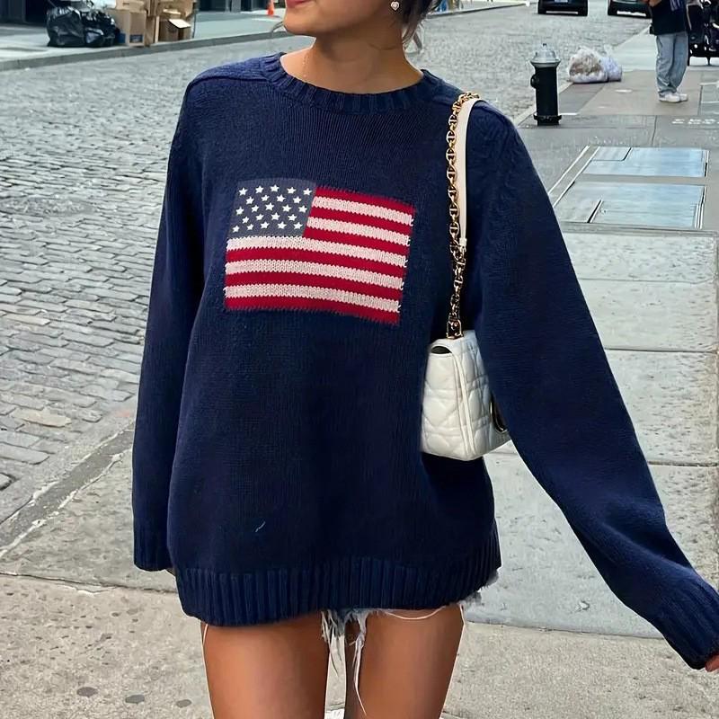 Women's Long Sleeve Retro Flag Knit Sweater - European & American Style