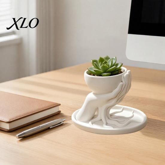 Unique Artistic Root Base Ornament 3D Printed Palm Shaped Succulent Planter with Drainage Tray, Holding Decorative Texture Mini Flower Pot,