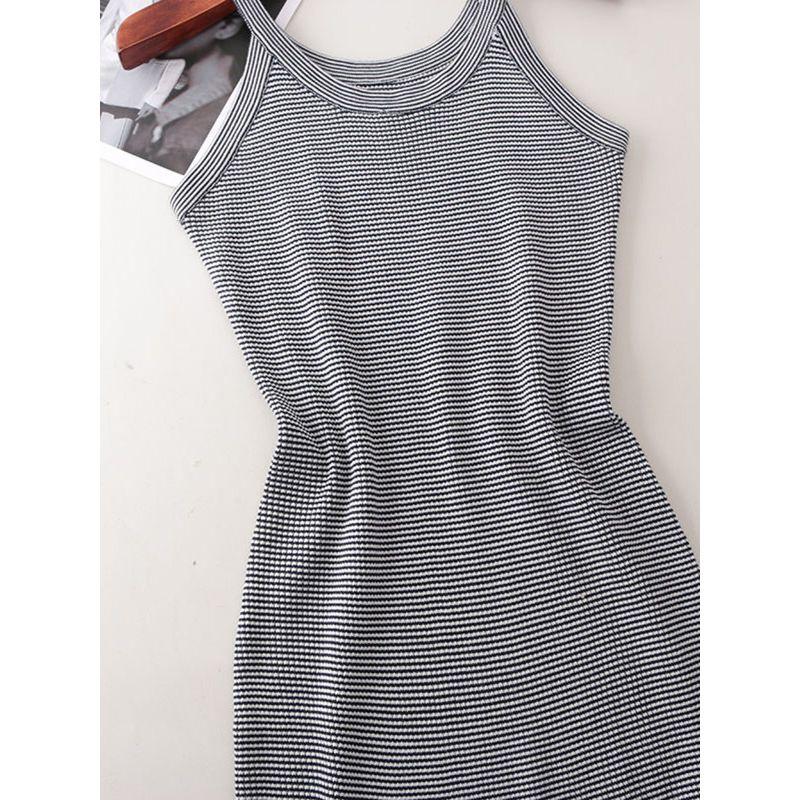 Fashion Style Halterneck Pinstripe Sheath Dress Narrow Shoulder Sleeveless Knitting Silm Slim-Fit Sleeveless Dress