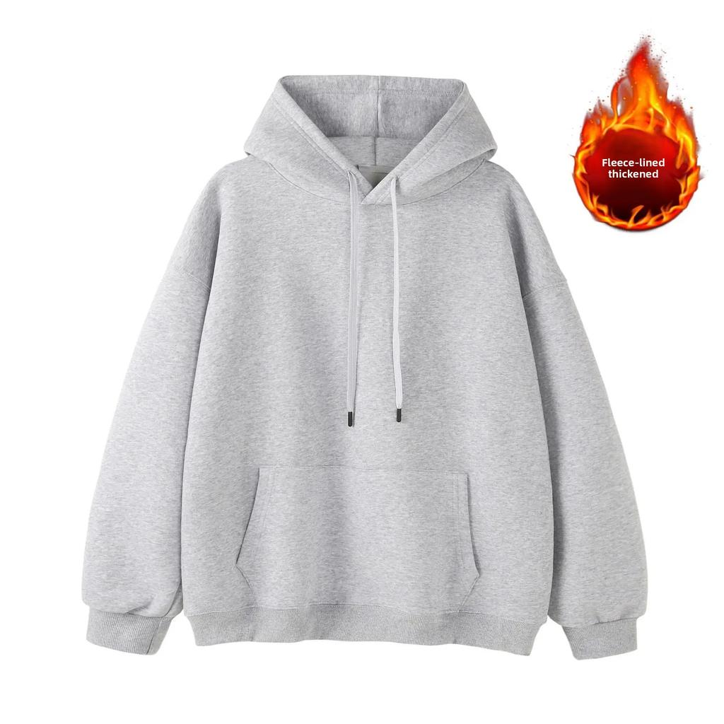 Autumn Winter Hooded Sweatshirt Thickened Long Sleeve Fleece Lined Pure Color Loose Fit Korean Style Casual Youth Fashion