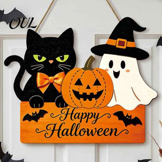 Cute Halloween Front Door Plaque Sign with Hemp Rope Lanyard, Pumpkin Ghost Printed Hanging Rustic Wood Holiday Wall Art Plaque, Wooden for