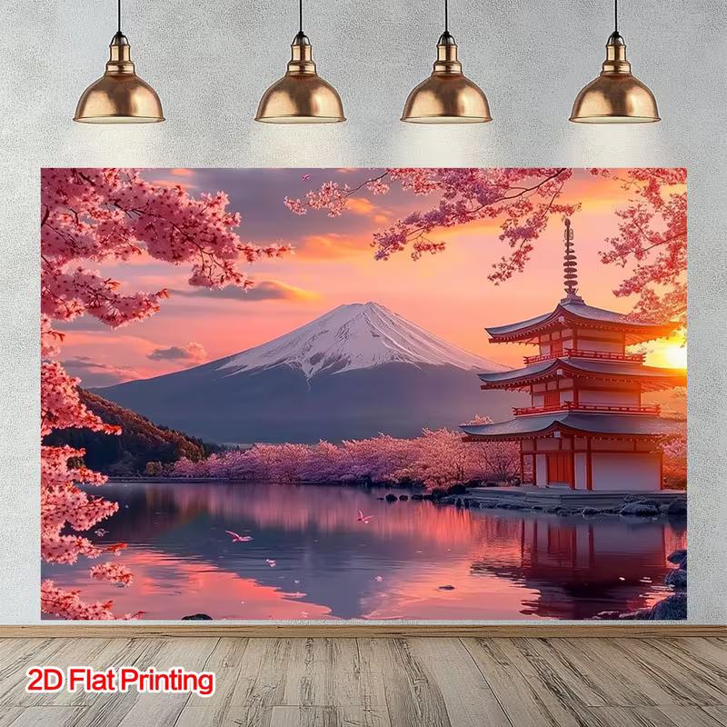 2D Mount Fuji Cherry Blossom Sunset Backdrop Japanese Temple Decor