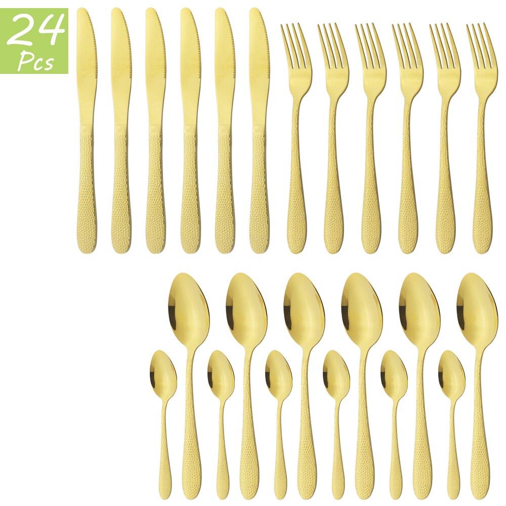 6People Gold Cutlery Set Knife Fork Tea Spoon Tableware High Quality Stainless Steel Dinnerware Home Kitchen Flatware Silverware