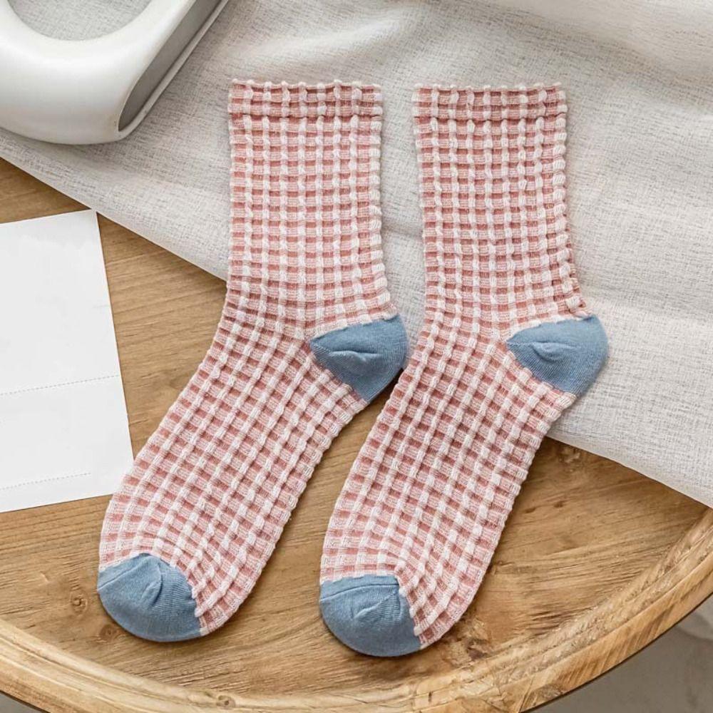 5Pairs Patchwork Checkered Cotton Socks Breathable Grids Socks Cozy Women Tube Sock Women