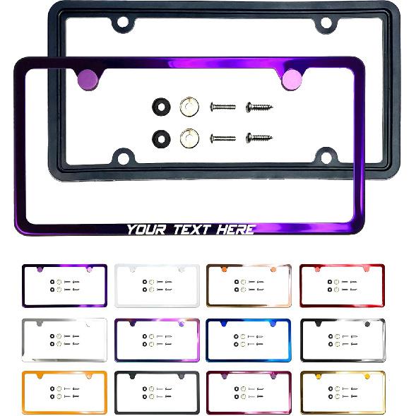 Рамка номерного знака Ized с лазерной гравировкой, фиолетовый хром, нержавеющая сталь T304, 2 отверстия, тонкая, универсальная посадка, алюминиевая крышка-заглушка на винтах, не ржавеет,