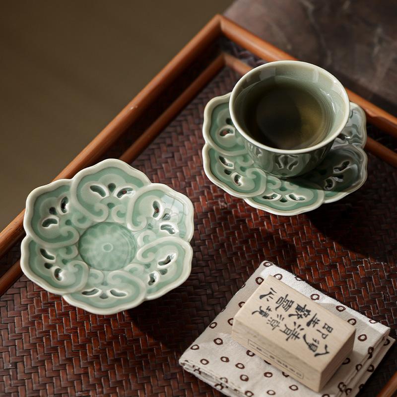 Yue Kiln Celadon High Foot Cup Coaster Heat Insulation Pad Chinese Ceramic Tea Set Accessory Handmade