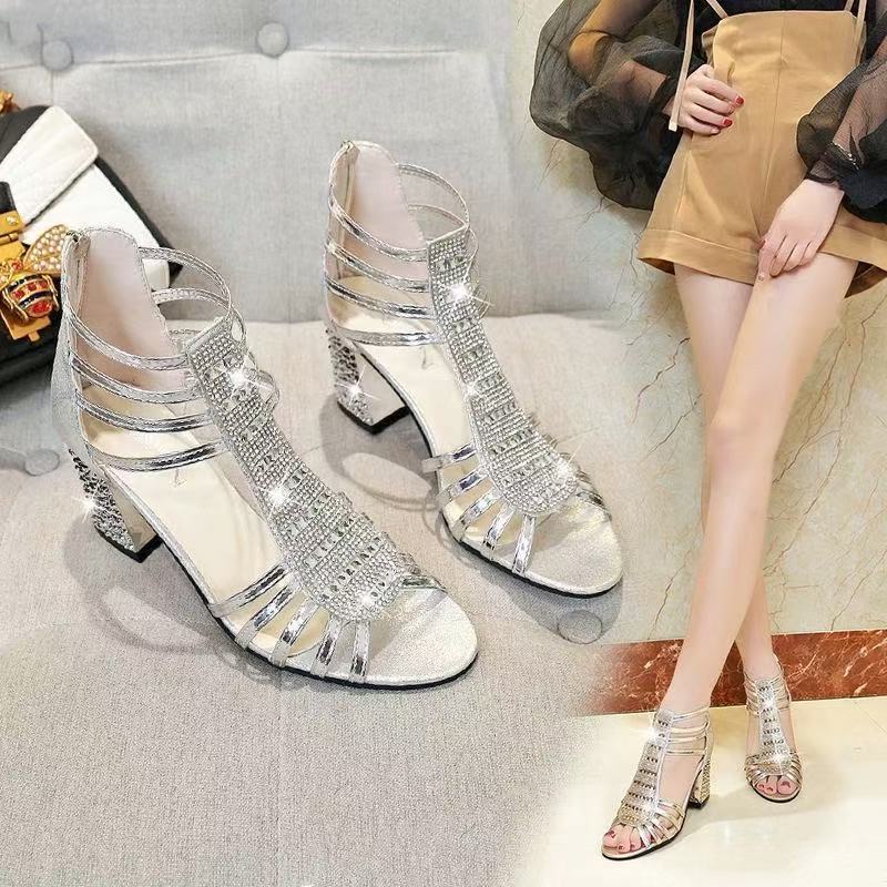 Silver Gold Sandals Peep Toe Chunky Heels New Women Wedding Shoes Ankle Boots Sandal Open Toe High Heels Dress Gold Bling Pump