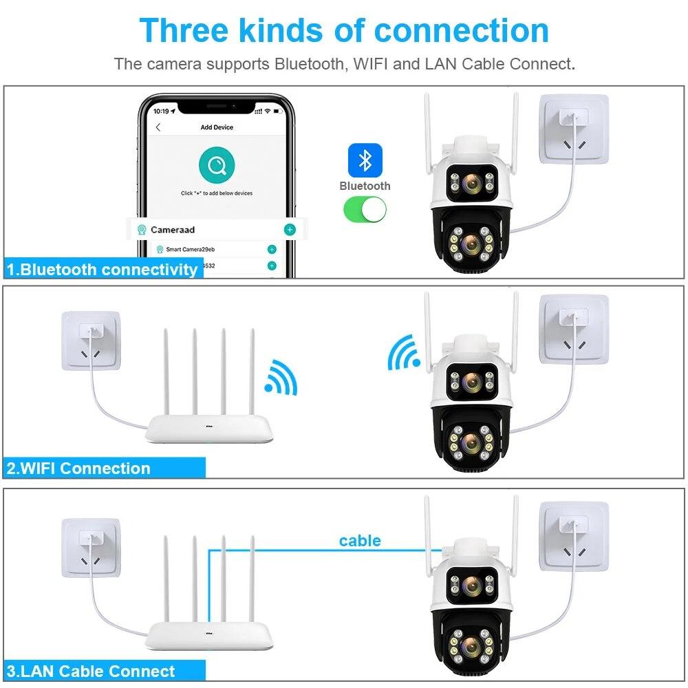 8МП 4K PTZ Wi-Fi камера с двумя объективами и двумя экранами, с ИИ обнаружением человека, автоматическим слежением, беспроводная уличная камера видеонаблюдения