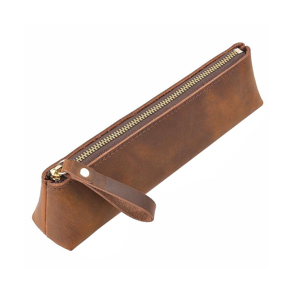 Large Capacity Vintage Crazy Horse Leather Zipper Pen Case Handmade Creative School Stationery Pencil Bag Genuine Leather