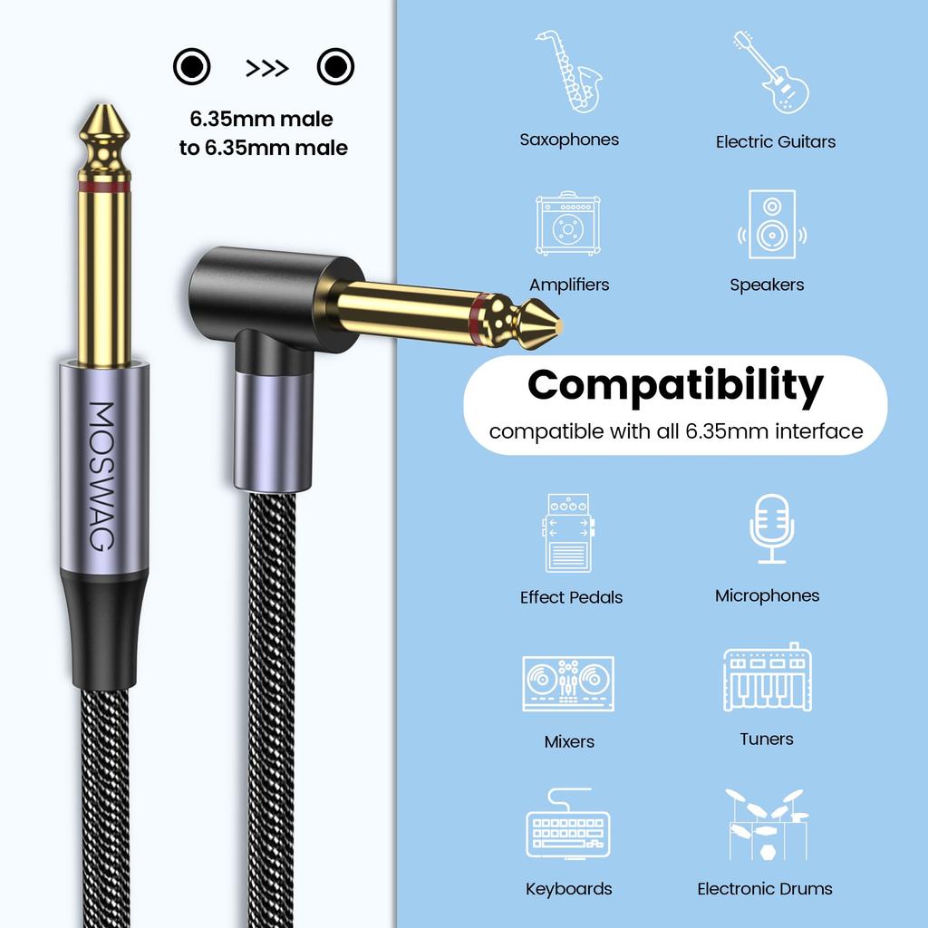 MOSWAG Экранированный гитарный кабель с прямым углом, Инструментальный кабель с прямым углом, Монофонический разъем TS, Гитарный кабель, Совместимый с кабелем для басового усилителя, Шнур, Кабель 1/4",