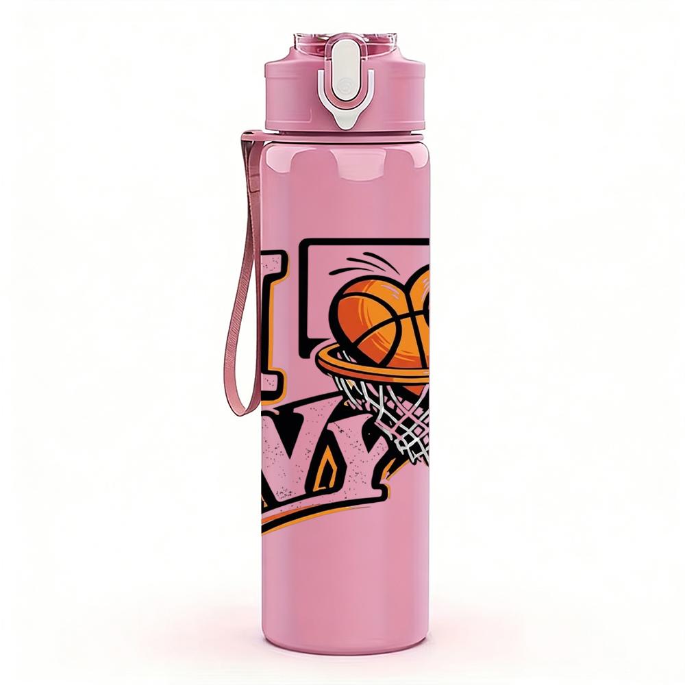 1PC I Love My Basketball Letter 750ml Color Plastic Sports Water Bottle Leakproof Flip Straw Lid Suitable for Sports Office Home Use