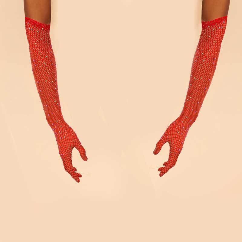2 Pair Mesh Gloves Fishnet Crystal Rhinestone Long Full Finger Arm Opera Party Lace