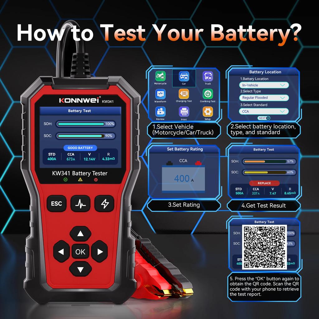 KONNWEi KW341 Автомобильный Диагностический Инструмент CAN OBD2 EOBD Тест Аккумулятора Двигателя Чтение Кодов Неисправностей Очистка Данных в Реальном Времени Инструмент для Проверки O2