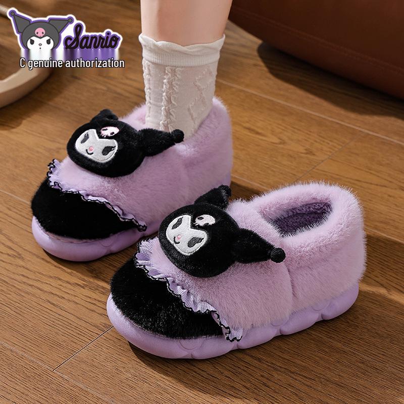 Sanrio Kuromi Women's and Children's Plush Cotton Slippers - Warm Autumn/Winter Thick-Soled Parent-Child Home Shoes