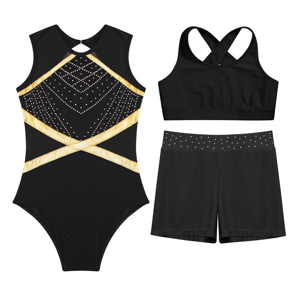 3Pcs Girls Gymnastics Set - Sleeveless Leotard with Keyhole Back, Cross Vest & Rhinestone Shorts for Dance/Performance