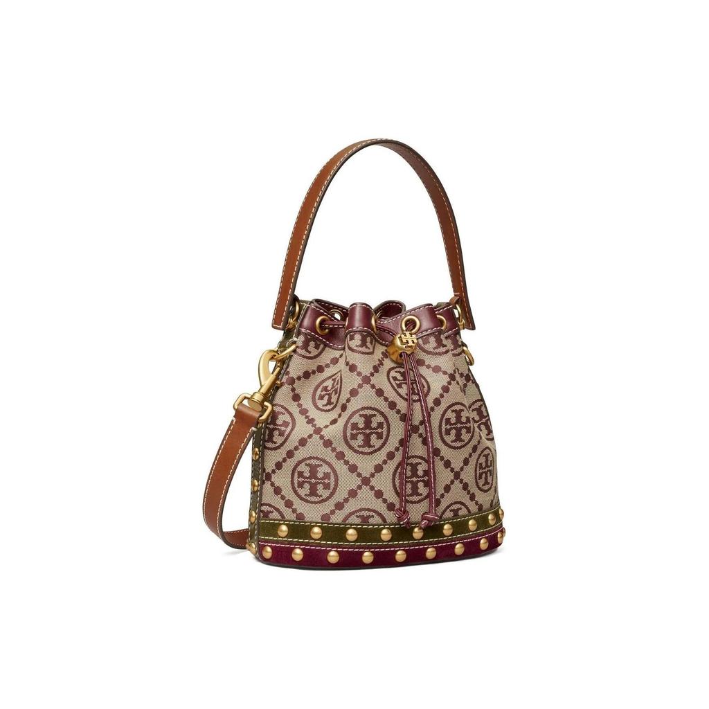 Tory Burch T Monogram Double T Logo Dutch Quilted Metal Ring Drawstring Bucket Bag Leather Shoulder Crossbody Tote Women bags Brown 138906-639