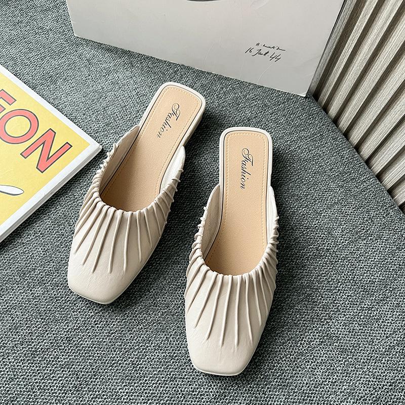 Folded Baotou Half-drag Women's Shoes Casual Versatile Low Heel - .CM Muller Shoes Square Head Four Seasons Shoes Women's Slippers