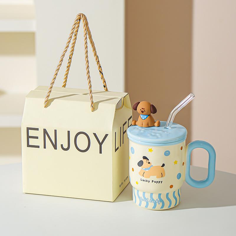 Summer New Straw Cup Doodle Animal Ceramic Water Cup with Lid Cartoon Mug Cute Birthday Gift