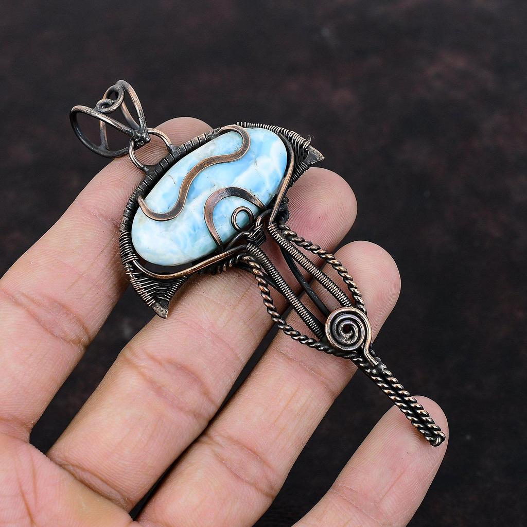 Подвеска из ларимара, обернутая медной проволокой, ювелирные изделия из драгоценных камней ларимара, дизайнерская подвеска ручной работы, уникальные ювелирные изделия из медной проволоки, подарки на помолвку