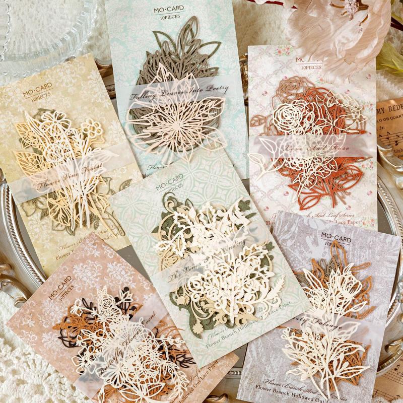 10pcs Vintage Botanical Cut-Out Papers - Lace-Like Base Sheets for Journal & Scrapbooking