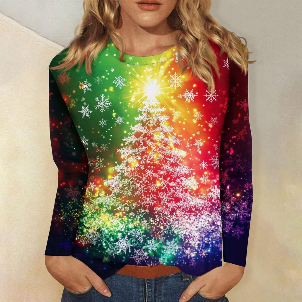 Рубашки с длинным рукавом для женщин Милые принты Футболки Блузки Повседневные Большие размеры Базовые топы Пуловеры Рождественские