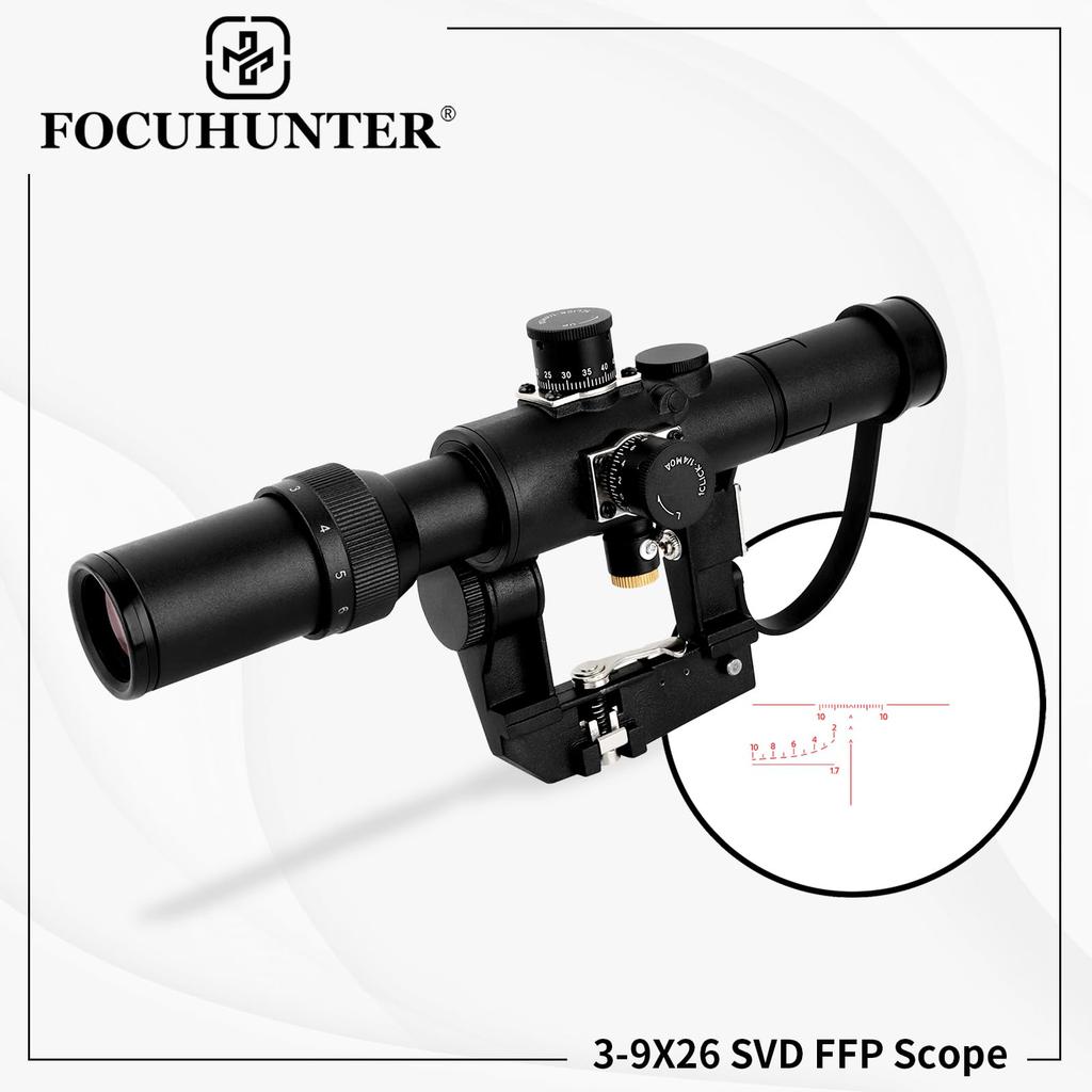 Оптический прицел FOCUHUNTER 3-9X26 SVD для Драгунова АК, FFP, Тактический прицел, Первая фокальная плоскость, Боковое крепление, Сетка PSO-1 Черно-красная, Выдвижная бленда,