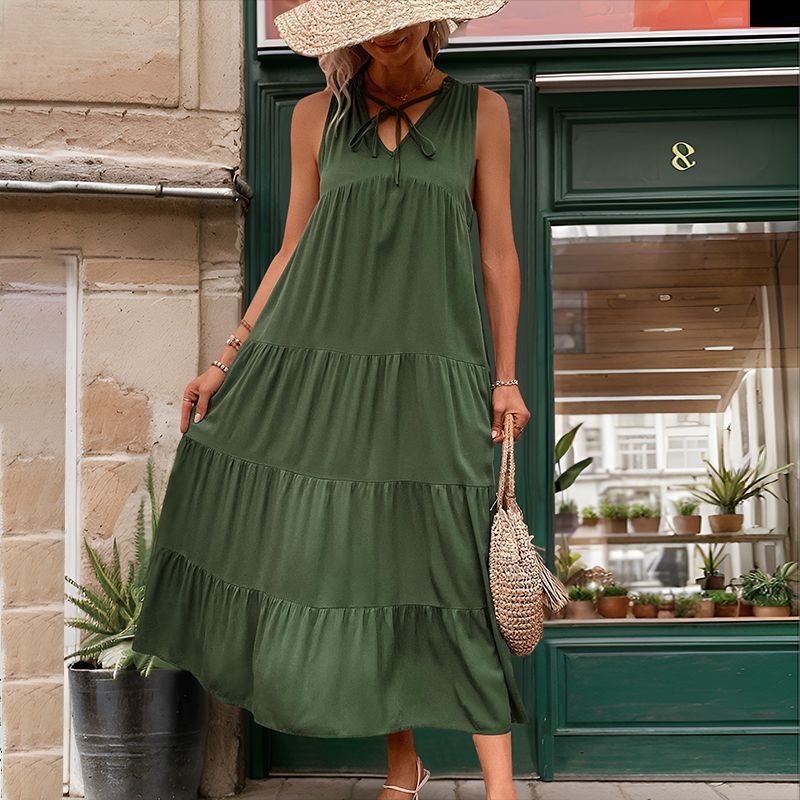 YYFS Женская мода лето весна однотонный принт без рукавов с v-образным вырезом свободная талия повседневные платья