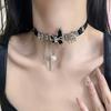 Women Chokder with Butterfly Charm Faux Pearl Hollow Chain Tassel Decor Punk Dark Style Club Party Necklace Faux Leather Adjustable Necklace