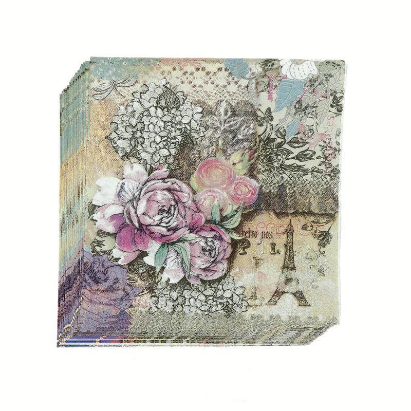 20 шт., бумажные салфетки с башней и цветами, декупаж, свадебные салфетки, носовой платок, полотенце