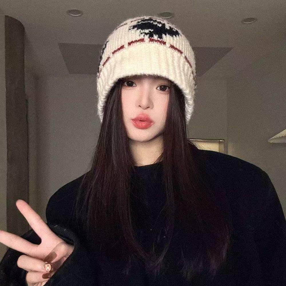 Ретро Теплая Жаккардовая Вязаная Шапка С Принтом Шерстяная Шапка-Бини Со Снежинками Корейская Милая Вязаная Шапка с Принтом Осень