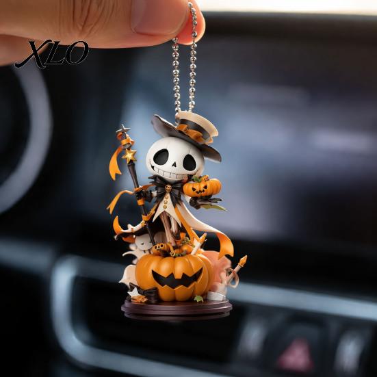 Holiday Car Decor Gift Halloween Rearview Mirror Charm, 2D Flat Acrylic Hanging Spooky Ghost Accessories Pendant, Pumpkin Skull Festival Ornament for