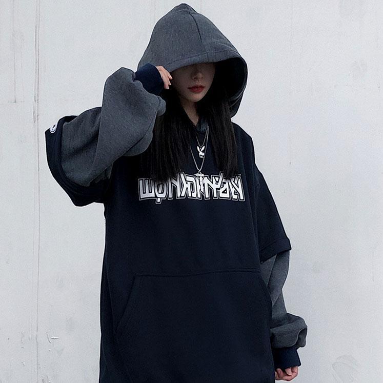 M ~ 4XL Y2K Топ женские толстовки с принтом готические темные толстовки свободный искусственный свитер из двух частей женский осенне-зимний плюс бархатная толстая куртка с капюшоном