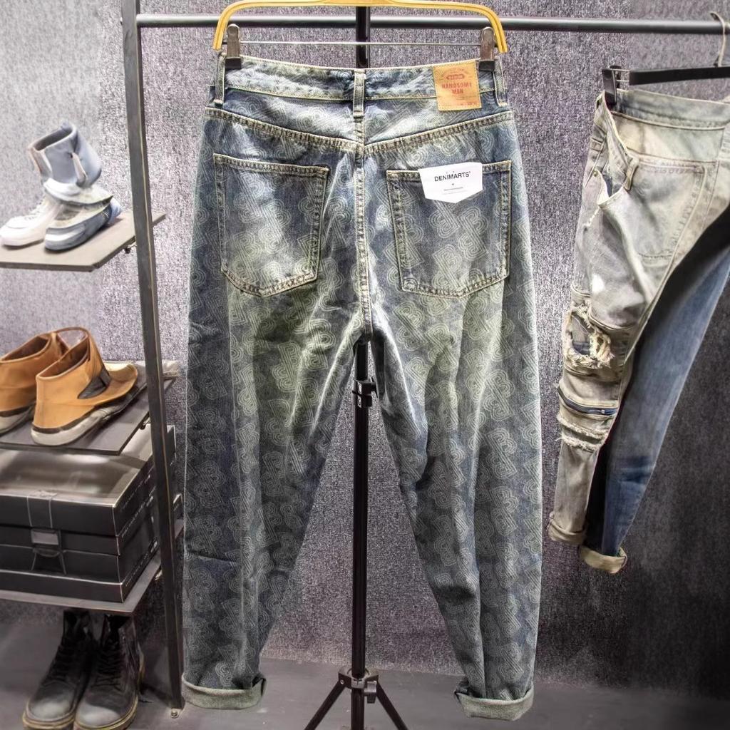 JYL Мужские Джинсы Уличный Стиль Молния Укороченные Прямые Широкие Штанины Деним