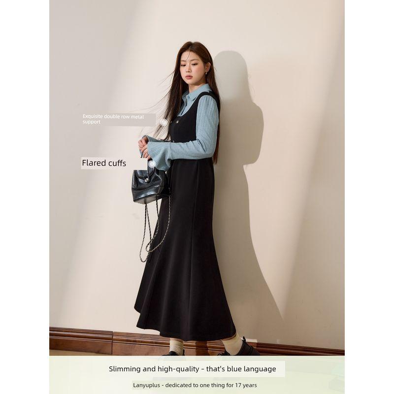 Blue Language Plus-Size Women's Clothing, Fat-Friendly French Elegant Faux Two-Piece Dress, 2026 Spring Slimming and Body-Covering A-Line Long Dress