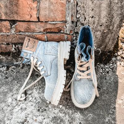 Женские ботильоны в стиле ретро, ​​обувь на толстой подошве со шнуровкой, женские короткие ботинки с круглым носком, джинсовые ботинки в стиле вестерн, 2024