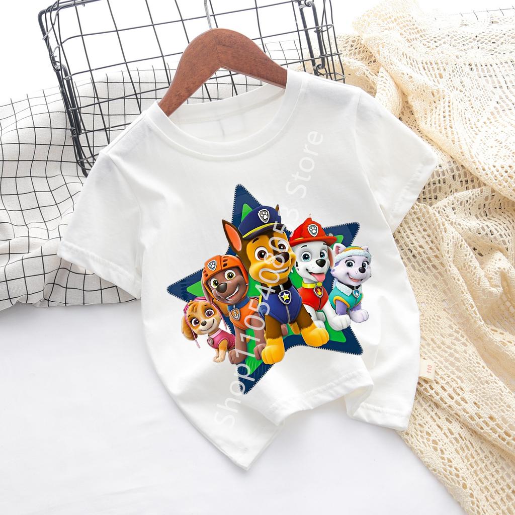 PAW Patrol Children Short Sleeve Tshirt Cartoon Chase Skye Print Pullover Boys Girls Summer Breathable Casual Cotton Tops Gifts