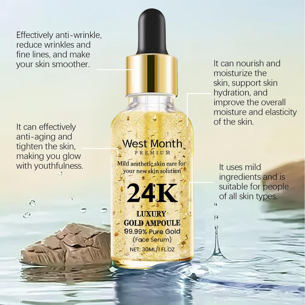 West&Month Сыворотка 24K Золото против морщин 30 мл Сыворотка с гиалуроновой кислотой Уменьшает морщины, Укрепляет и подтягивает, Питает и увлажняет кожу лица
