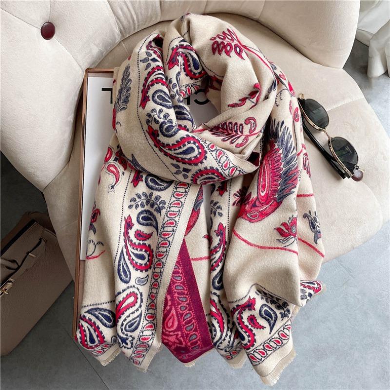 0G Thickened Version Retro Bird Scarf Women's Winter High-end Warm Scarf Imitation Cashmere Shawl