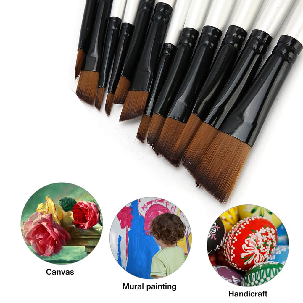 12Pcs Nylon Hair Paint Brushes Set Wood Handle Pearl White Variety Style Oil Acrylic Drawing SuppliesC Oblique Head
