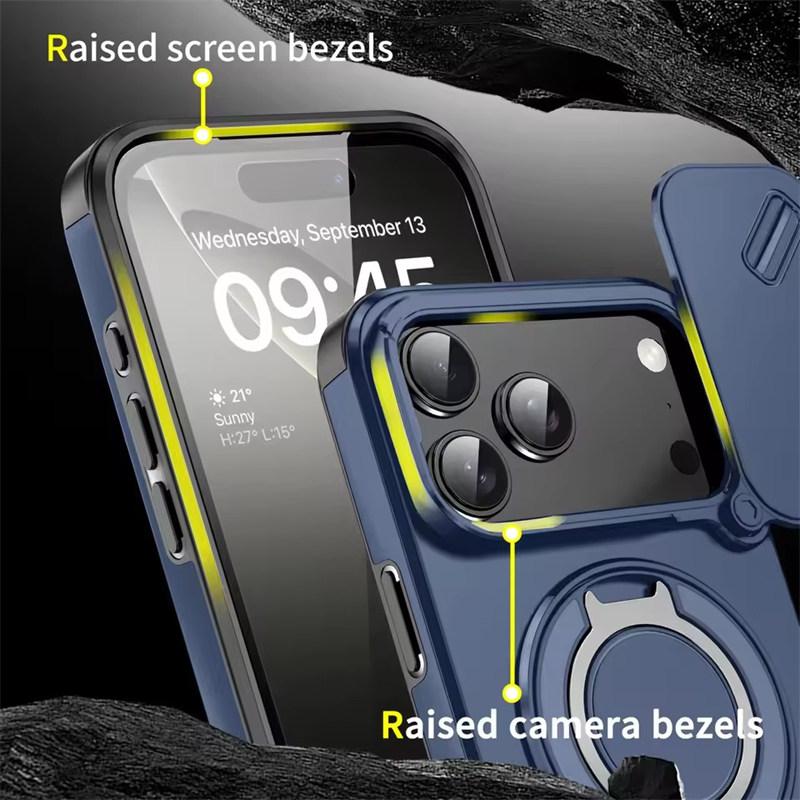 Прочный магнитный чехол-подставка для iPhone 17 16 15 14 13 12 11 Pro Max 16 и 17 Air с кольцом-держателем и сдвижной крышкой для защиты камеры