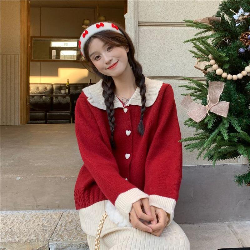 Women's Knitted Cardigan Christmas Style Blocking Color Single Breasted Button Woman Sweater Autumn Loose Comfortable Warm Famale Top