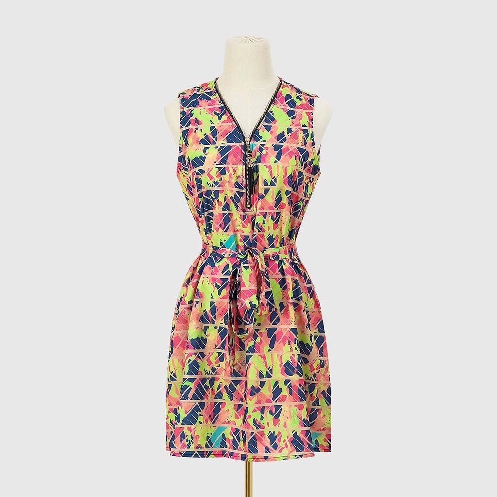 Summer Sleeveless Boho Dress Women V Neck Floral Dresses Ladies Zipper Flower Print Short Party Dress for Women